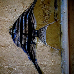 Poisson bleu sur mur jaune - France  - collection de photos clin d'oeil, catégorie streetart